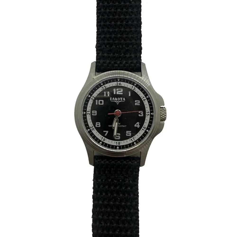 Dakota Round Stainless Steel Watch Canvas Black Band Mineral Glass Crystal 3 ATM